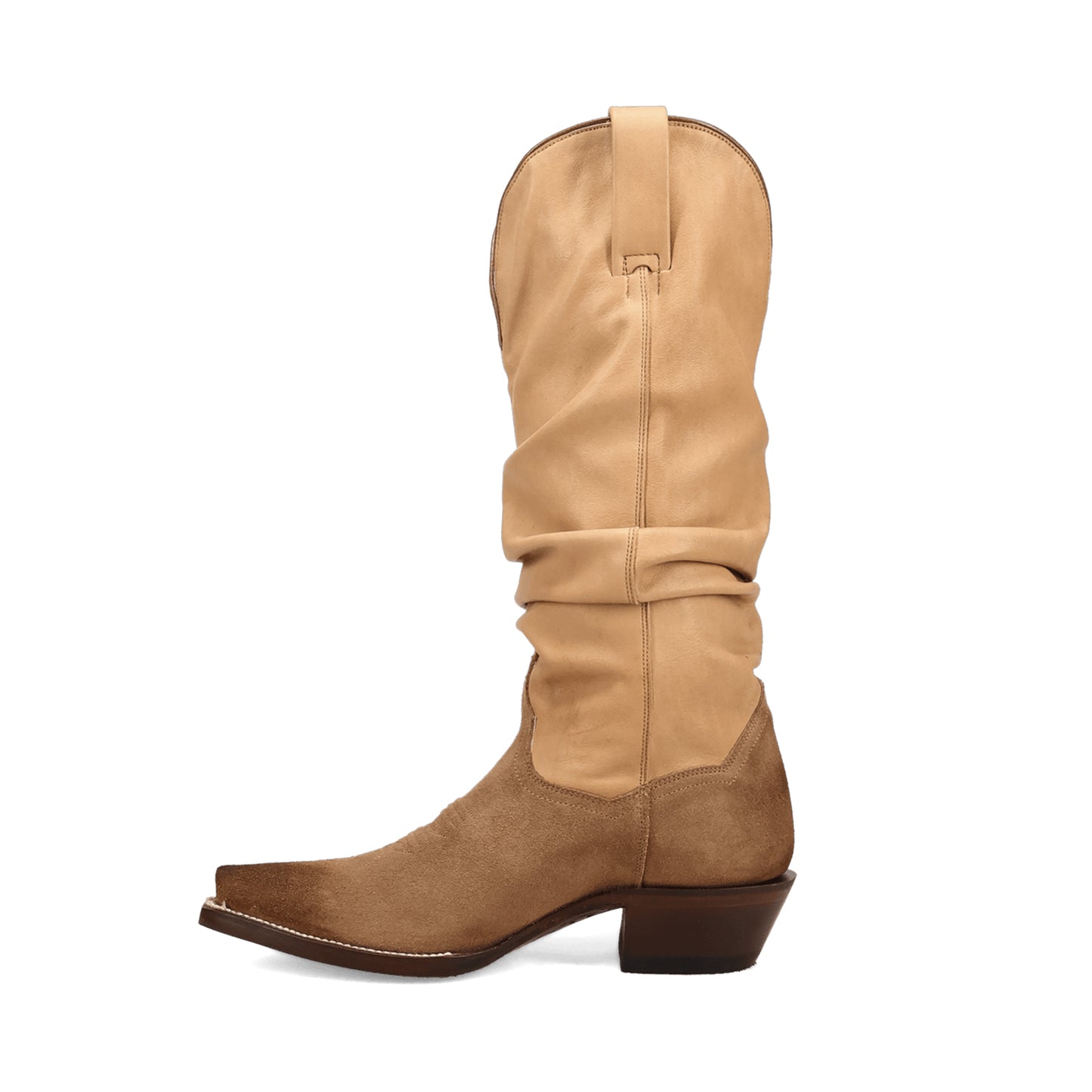 Contrast Sand Vegan Leather And Brown Faux Suede Snip-Toe Slouch Chic Mid Calf Cowgirl Boots