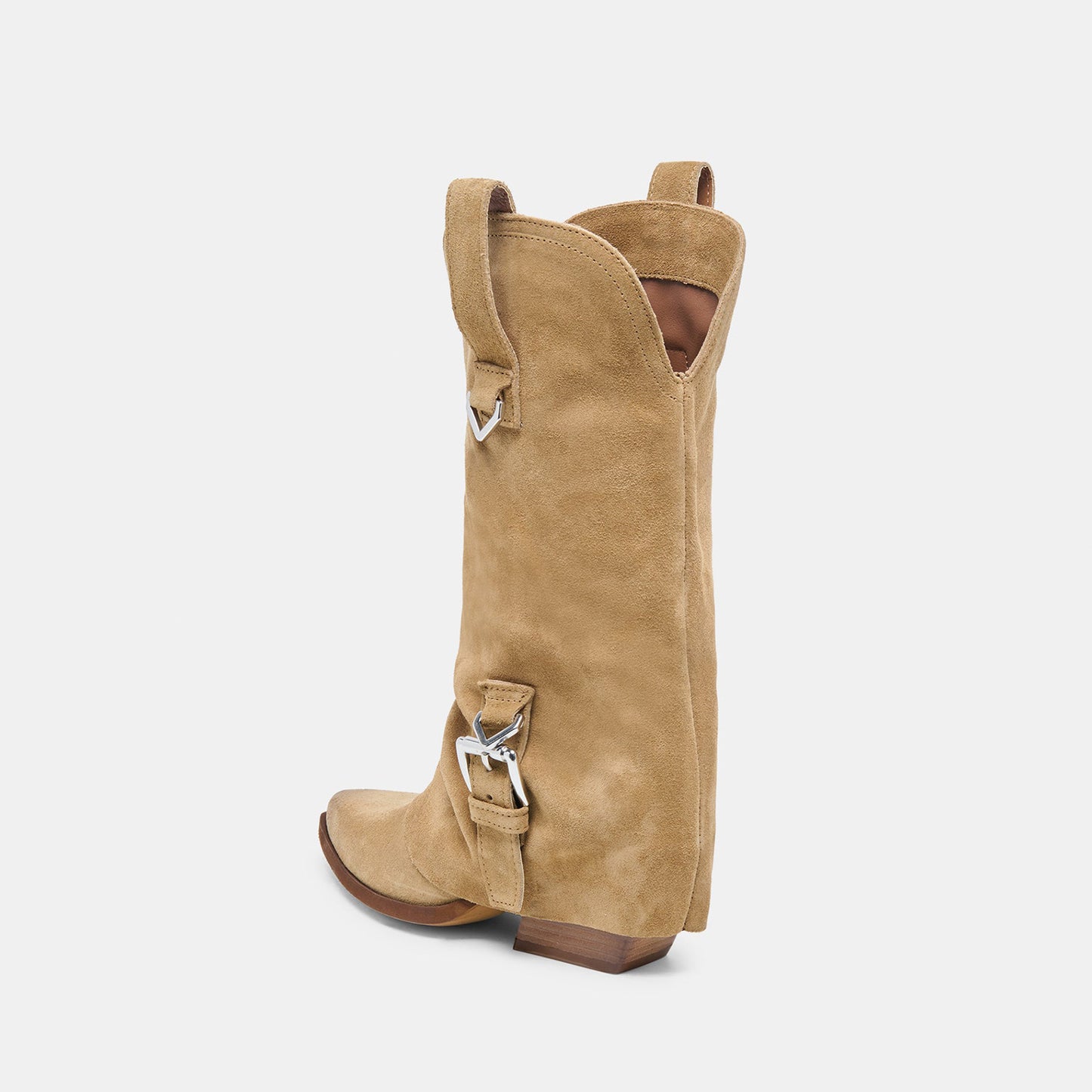 Camel Faux Suede Almond-Toe Buckle Strap Chic Mid Calf Cowgirl Boots