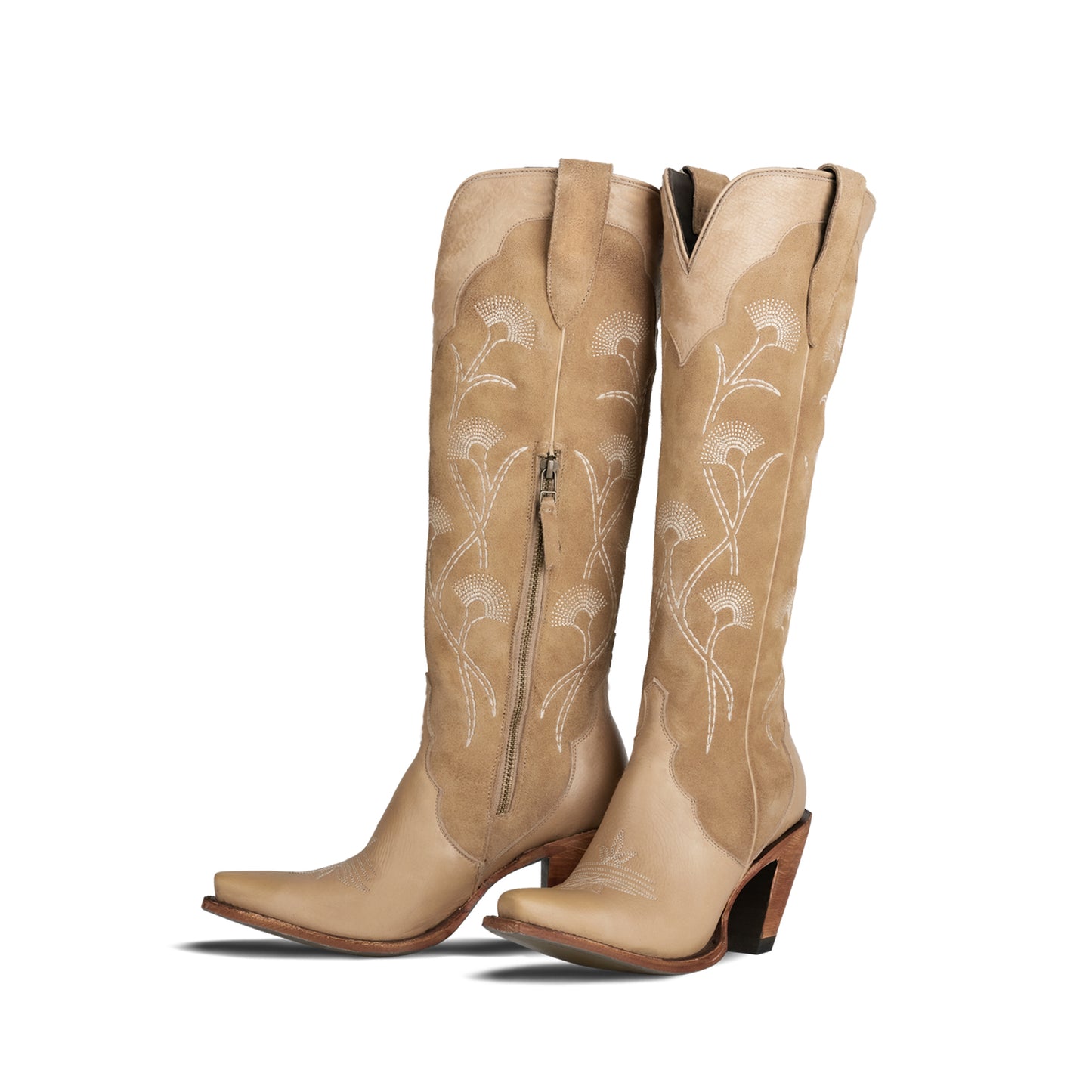 Sand Contrast Faux Suede And Vegan Leather Snip-Toe Floral Embroidery Half-Zip Knee High Cowgirl Boots