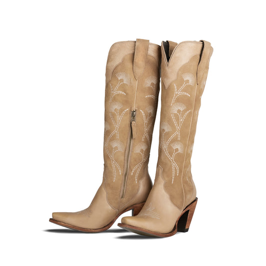 Sand Contrast Faux Suede And Vegan Leather Snip-Toe Floral Embroidery Half-Zip Knee High Cowgirl Boots