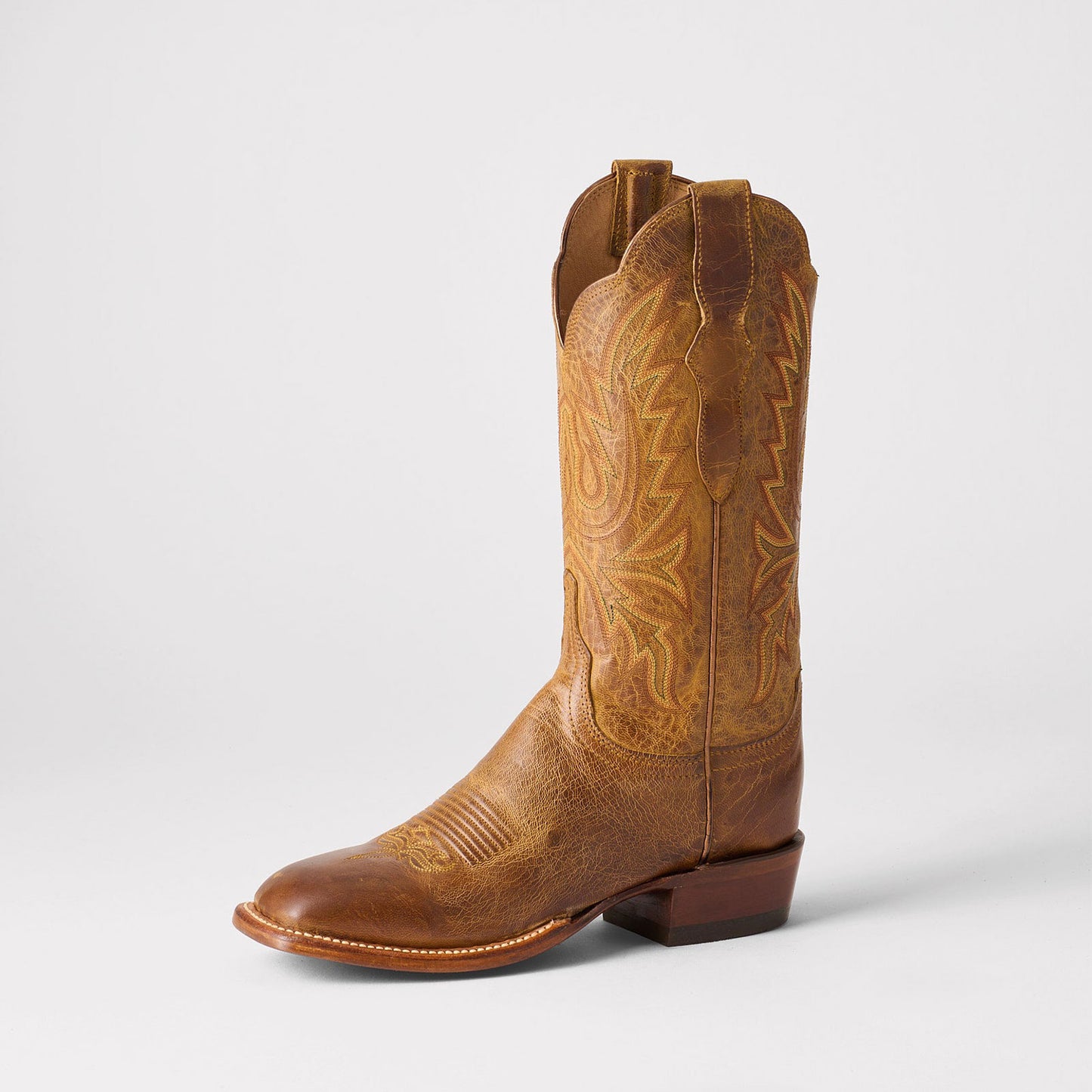 Tan Square-Toe Delicate Embroidery Classic Mid Calf Cowgirl Boots
