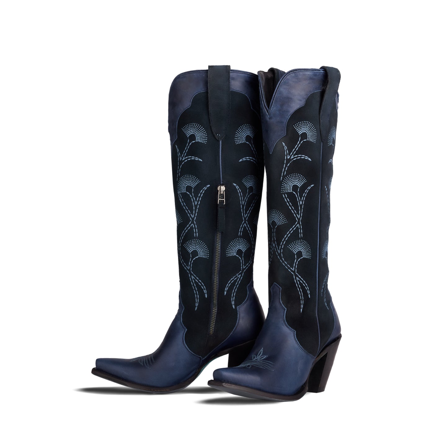 Navy Contrast Faux Suede And Vegan Leather Snip-Toe Floral Embroidery Half-Zip Knee High Cowgirl Boots