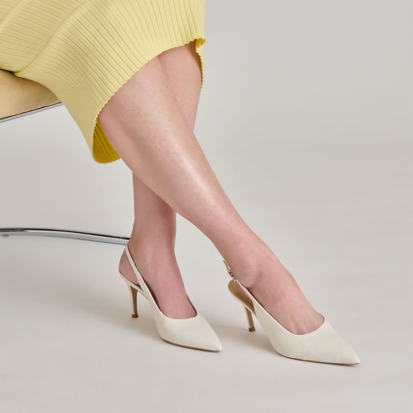 White Classic Pointed-Toe Buckle Slingback Kitten Heels