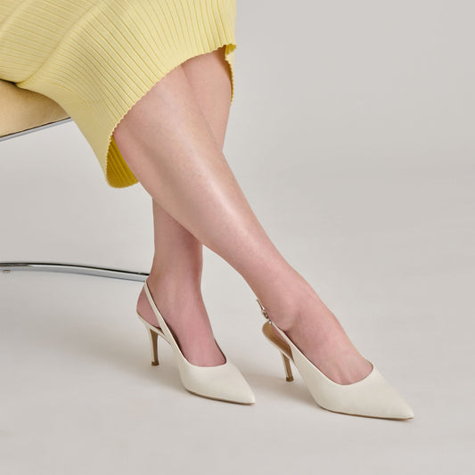 White Classic Pointed-Toe Buckle Slingback Kitten Heels