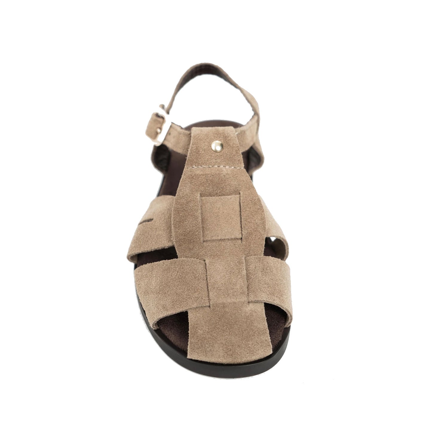 Taupe Cow Suede Round-Toe Caged Detail Buckle Sandals Flats