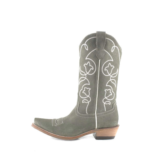 Gray Faux Suede Snip-Toe Embroidery Mid Calf Classic Cowgirl Boots
