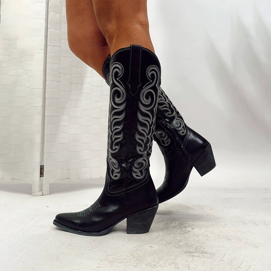 Black Almond-Toe Curled Embroidery Full-Zip Knee High Cowgirl Boots