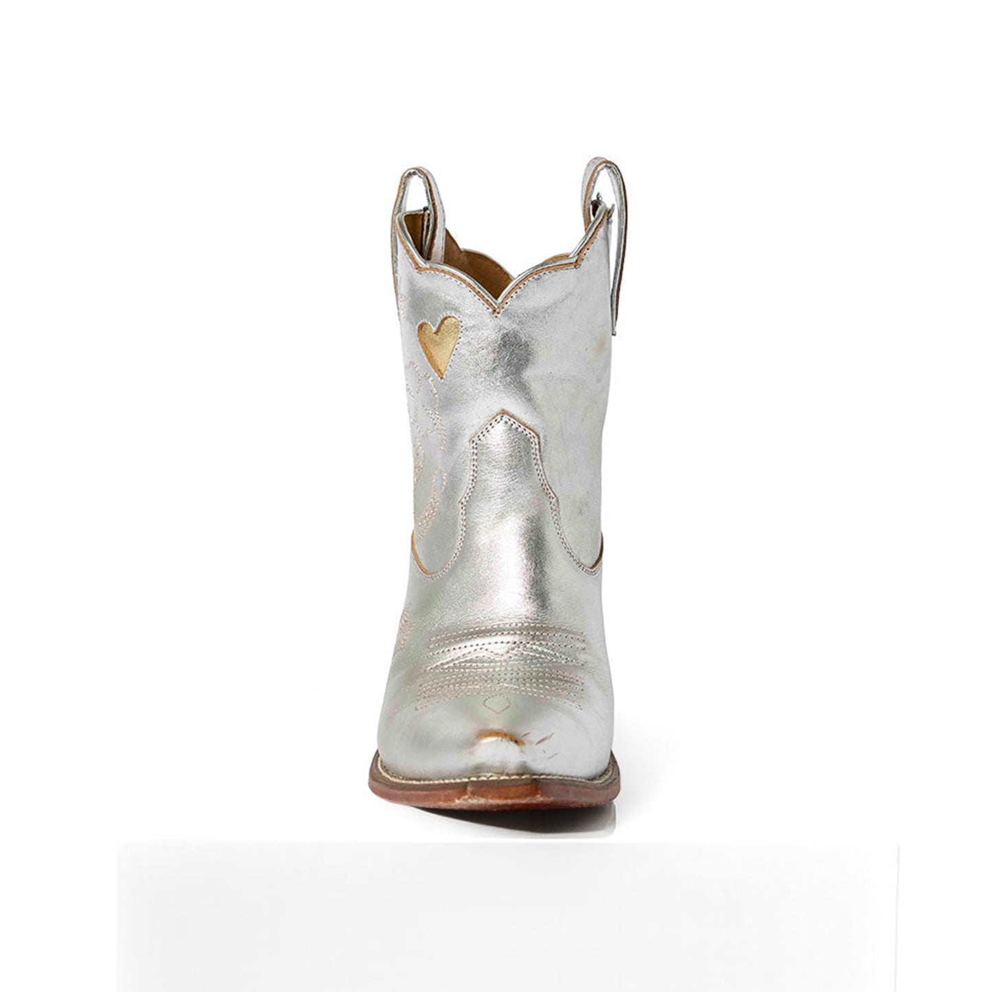 Metallic Silver Snip-Toe Embroidery Metallic Gold Heart Inlay Ankle Cowgirl Boots