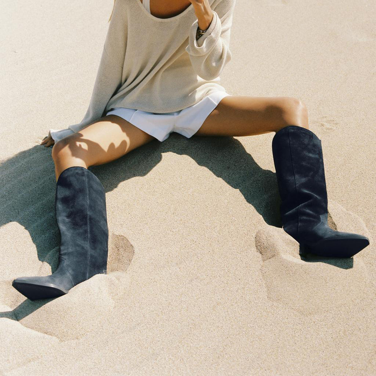 Dark Blue Faux Suede Pointed-Toe Simple And Sleek Knee High Cowgirl Boots