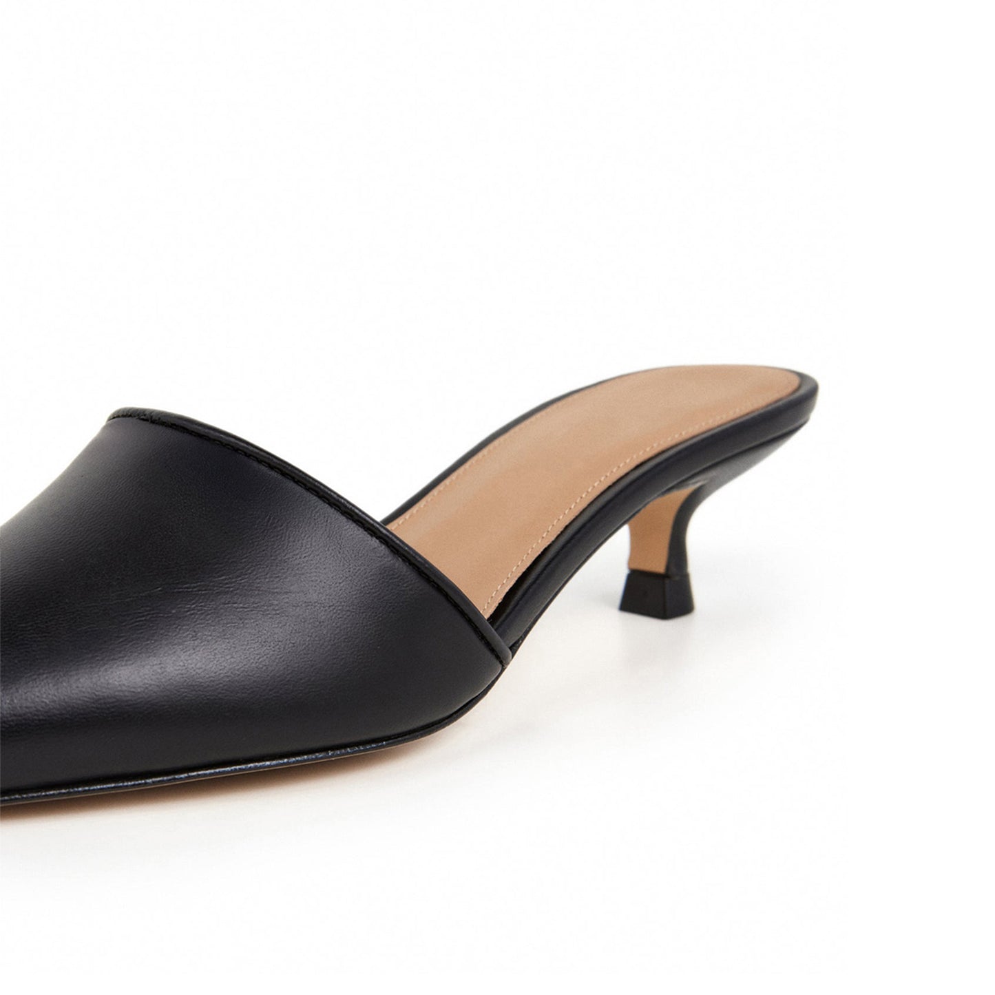 Black Pointed-Toe Slip-On Backless Kitten Heels