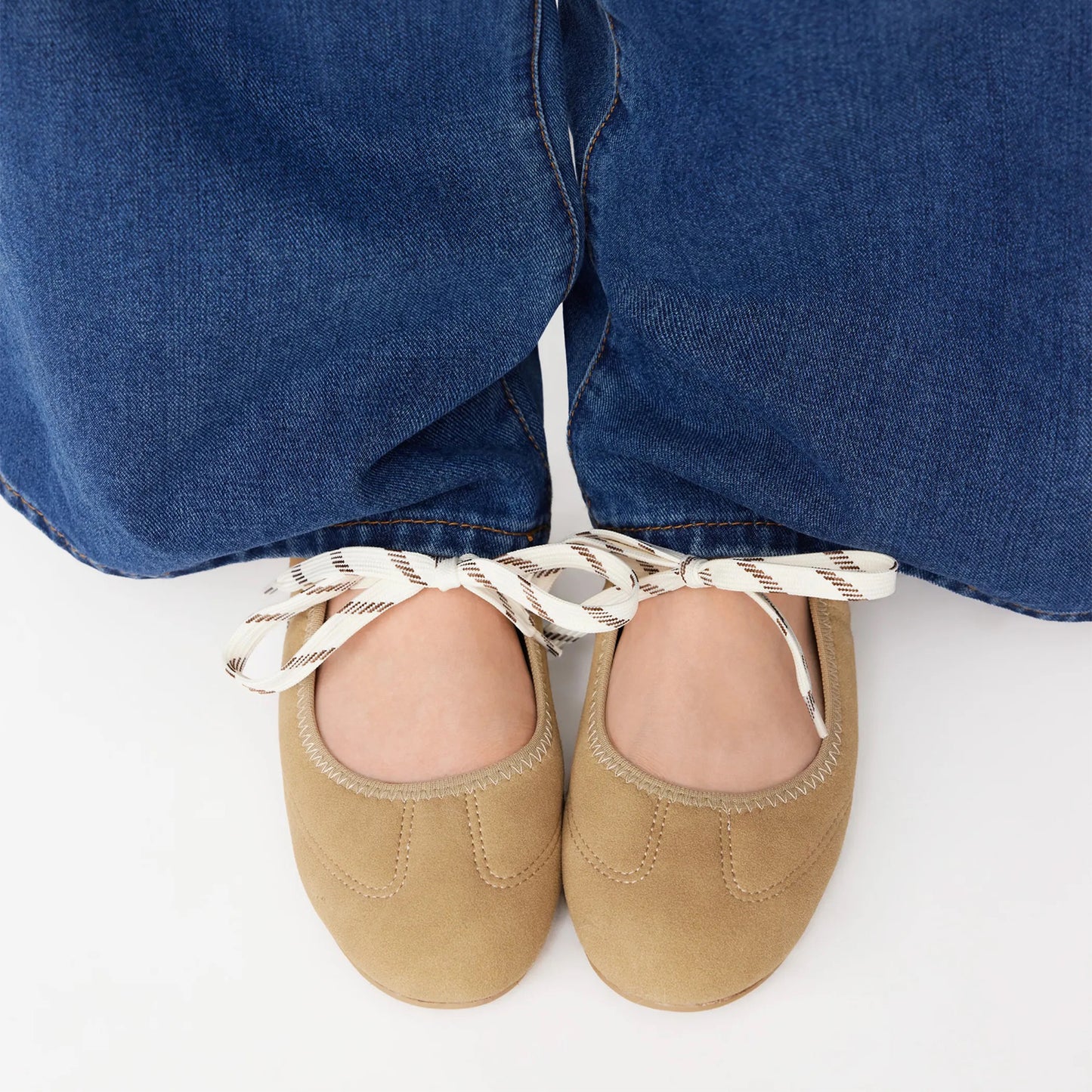 Khaki Faux Suede Round-Toe Middle Strap Simple Ballet Flats