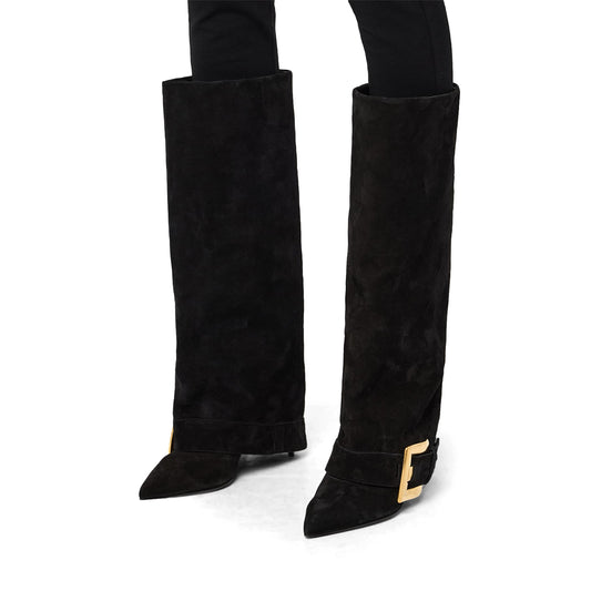 Black Faux Suede Pointed-Toe Buckle Fold-Over Wide Calf Knee High Stiletto Boots