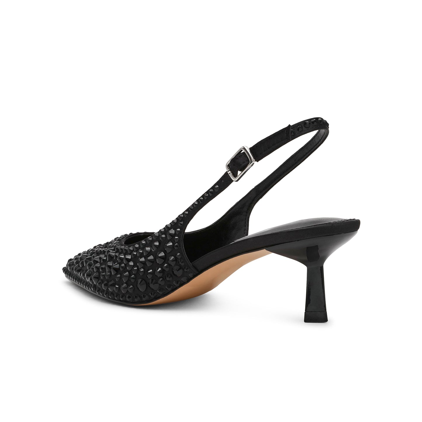 Black Satin Full Crystals Pointed-Toe Classic Slingback Kitten Heels