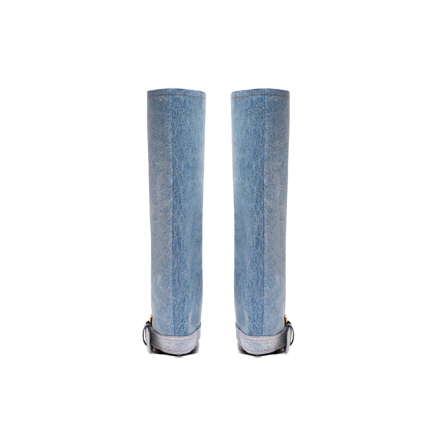 Blue Denim Pointed-Toe Bottom Buckle Fold-Over Wide Calf Knee High Stiletto Boots