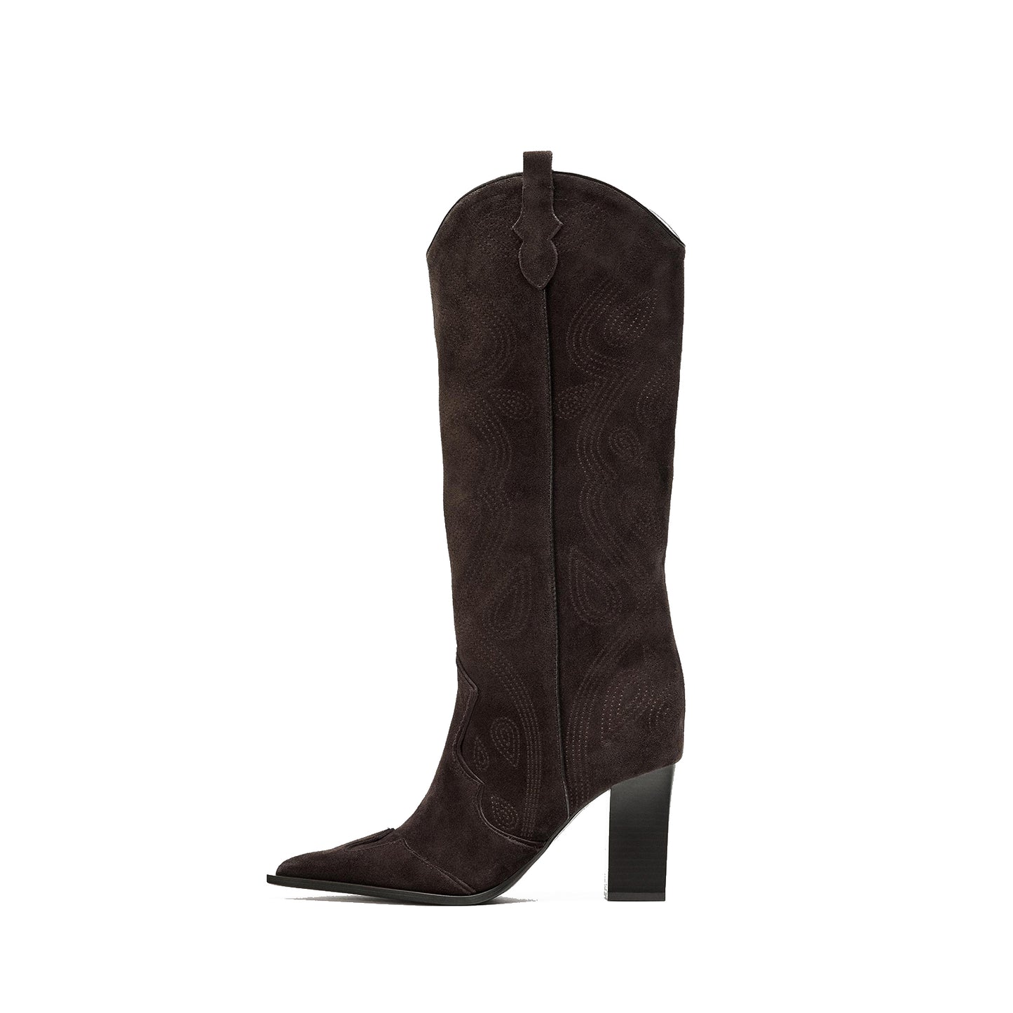 Brown Faux Suede Pointed-Toe Chic Stitch Wide Calf Knee High Cowgirl Boots