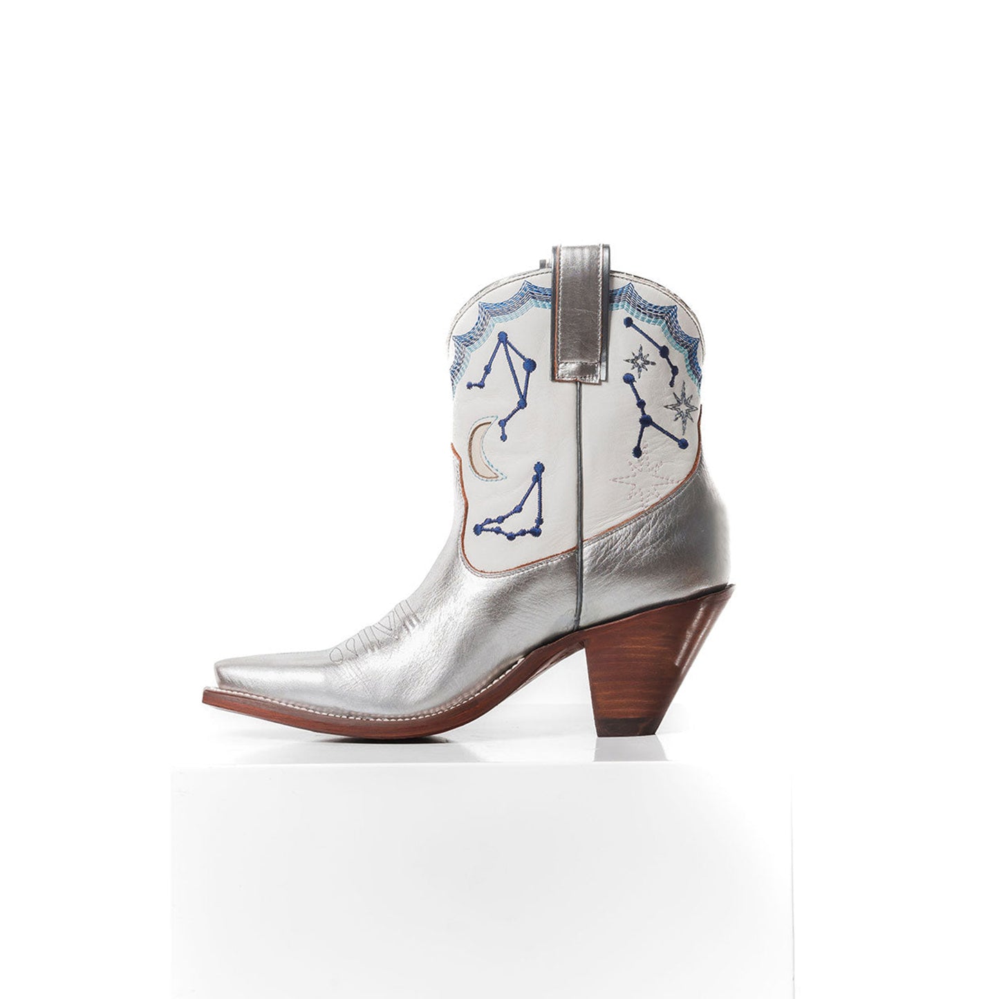 Contrast White And Metallic Silver Snip-Toe Cosmic Embroidery Moon Inlay Ankle Cowgirl Boots