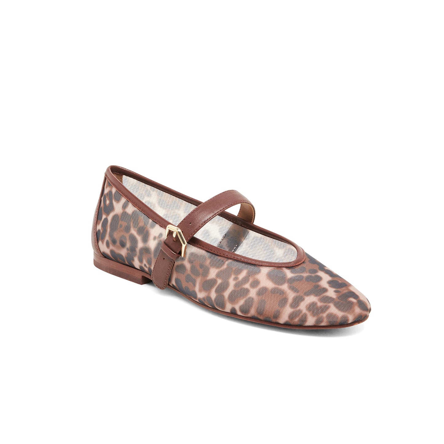 Leopard Mesh Round-Toe Vegan Leather Bridge Strap Ballet Flats