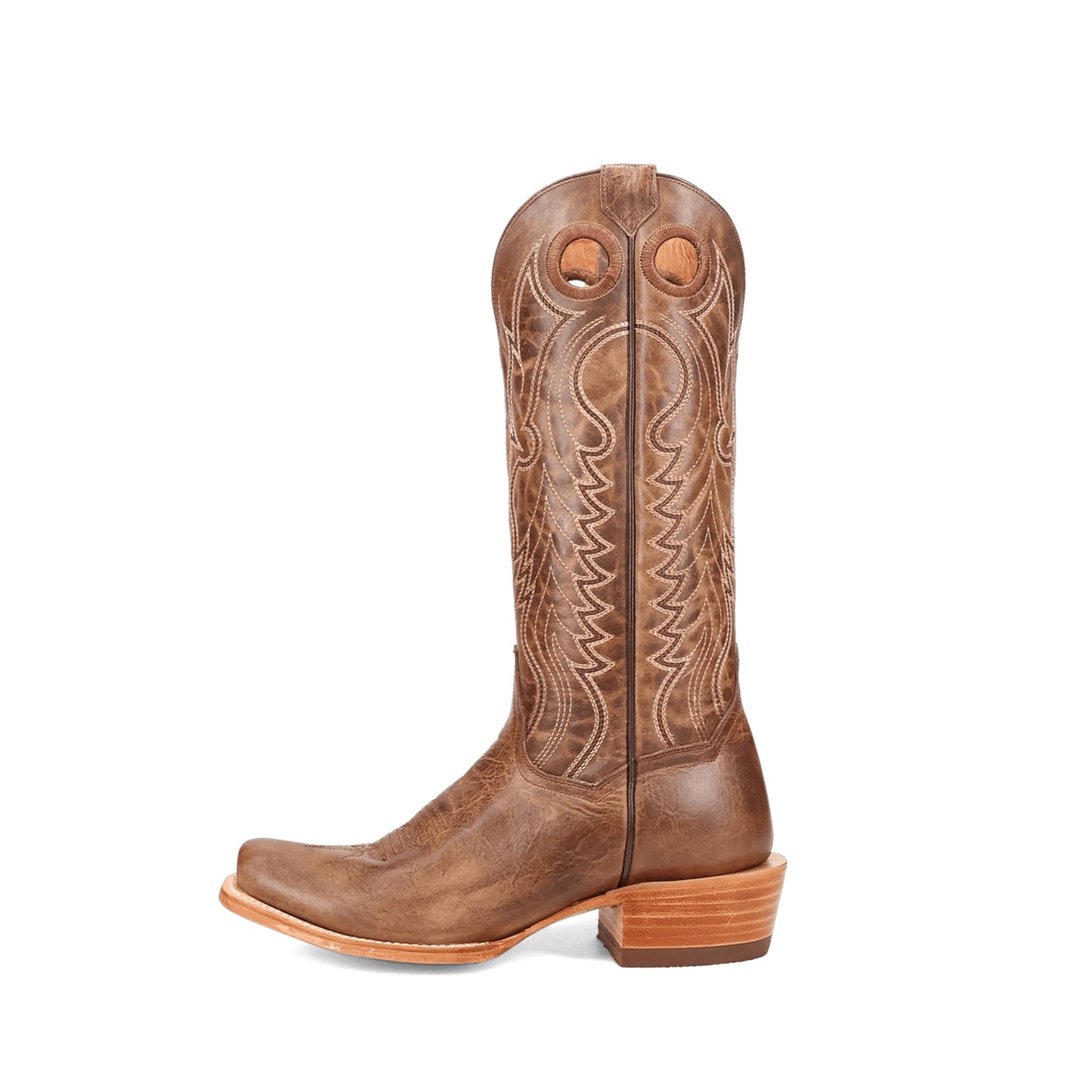 Camel Square-Toe Embroidery Cutout Mid Calf Cowgirl Boots