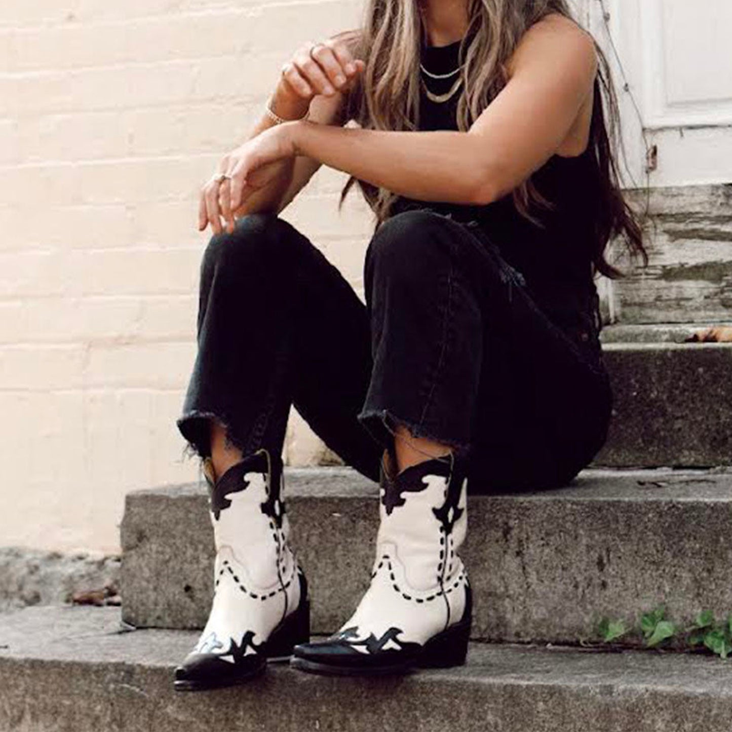 Contrast Cream And Black Snip-Toe Running Stitch Ankle Cowgirl Boots