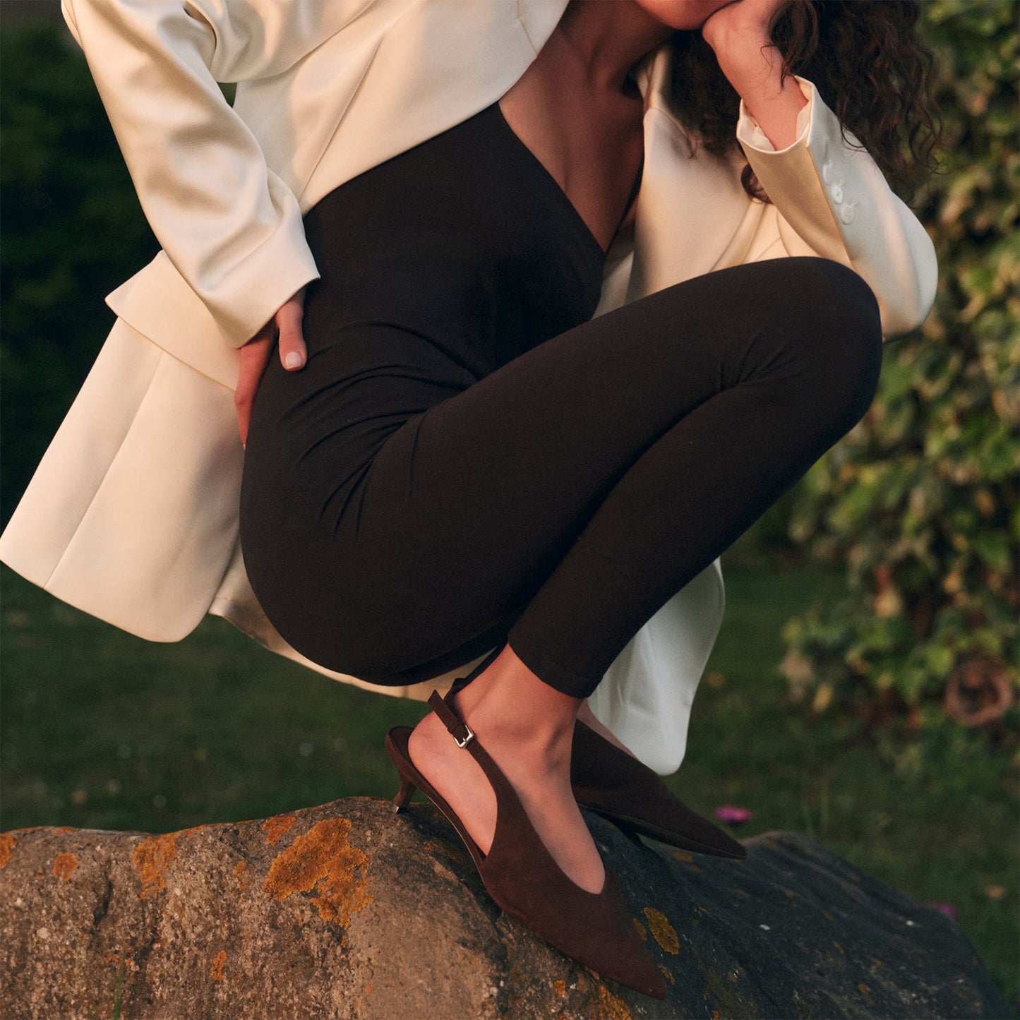 Dark Brown Faux Suede Classic Pointed-Toe Slip-On Slingback Kitten Heels