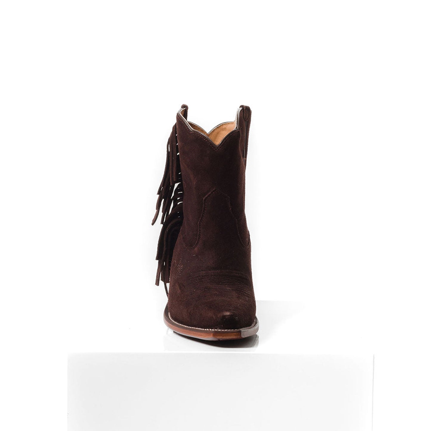 Chocolate Faux Suede Snip-Toe Side Fringe Ankle Cowgirl Boots