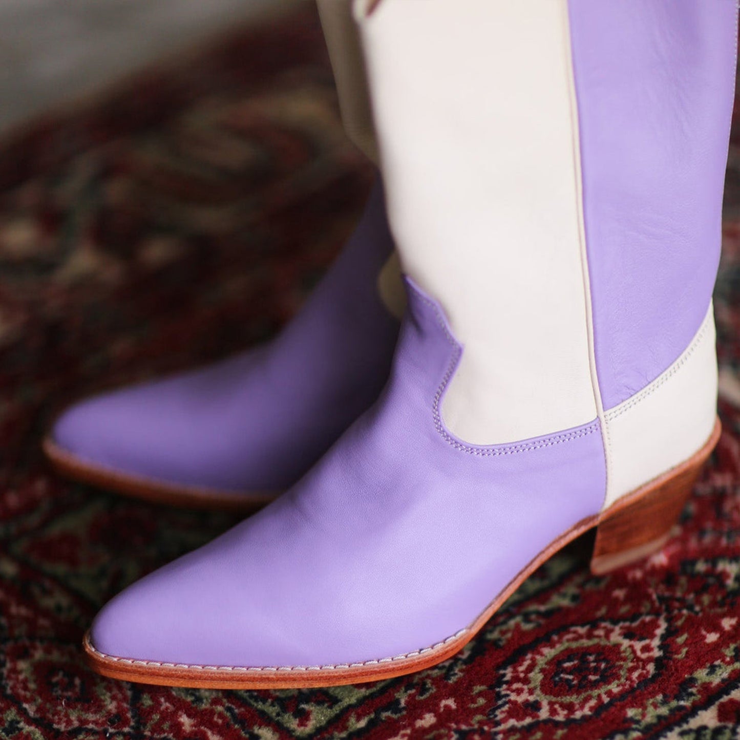 Cream And Lavender Almond-Toe Simple Back Full-Zip Mid Calf Cowgirl Boots