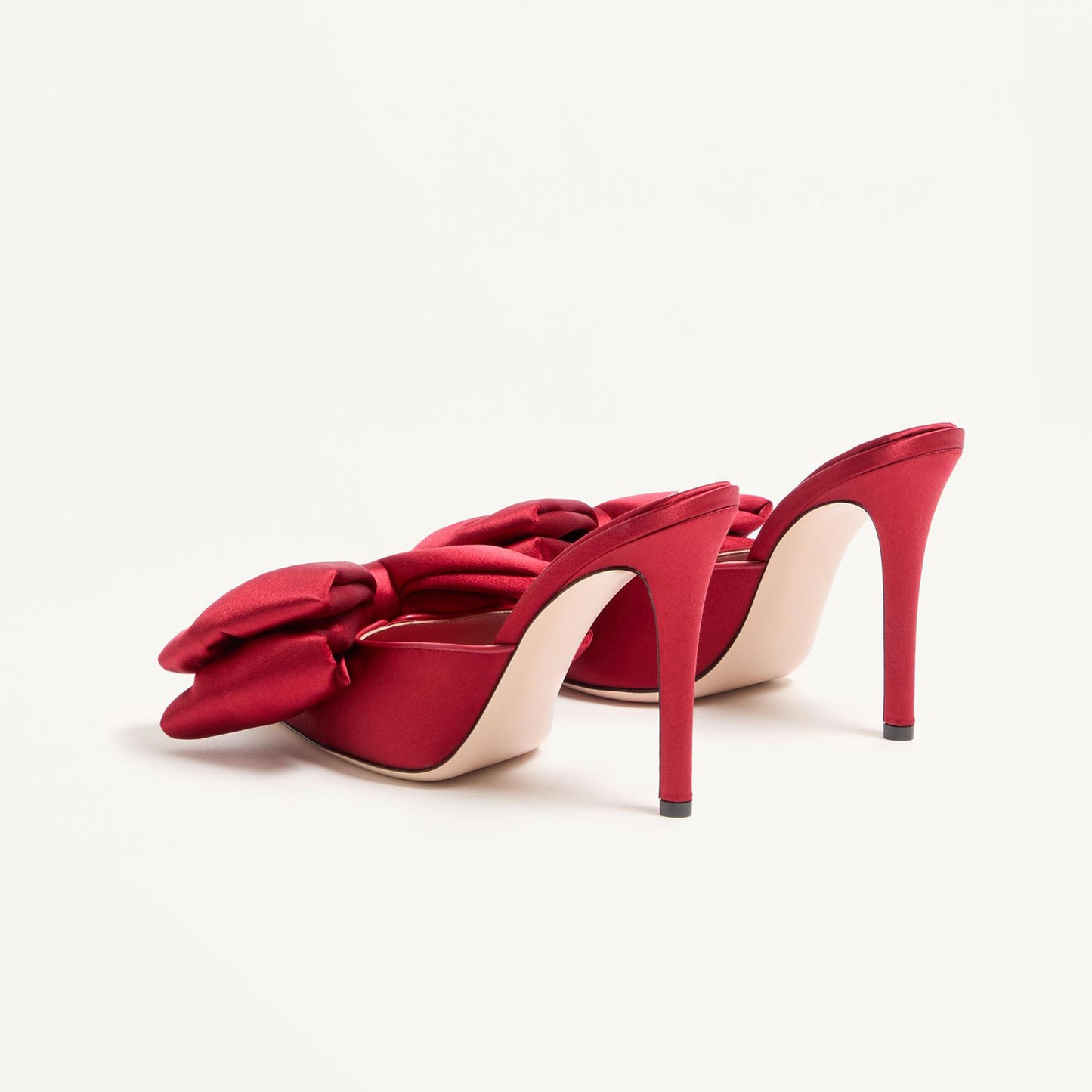 Red Satin Pointed-Toe Big Front Bow Backless Mule High Heels