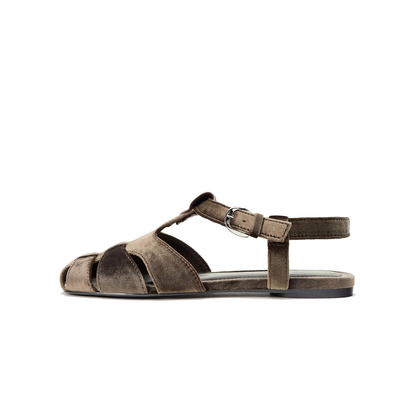 Brown Velvet Square-Toe Caged Detail Buckle Strap Sandals Flats