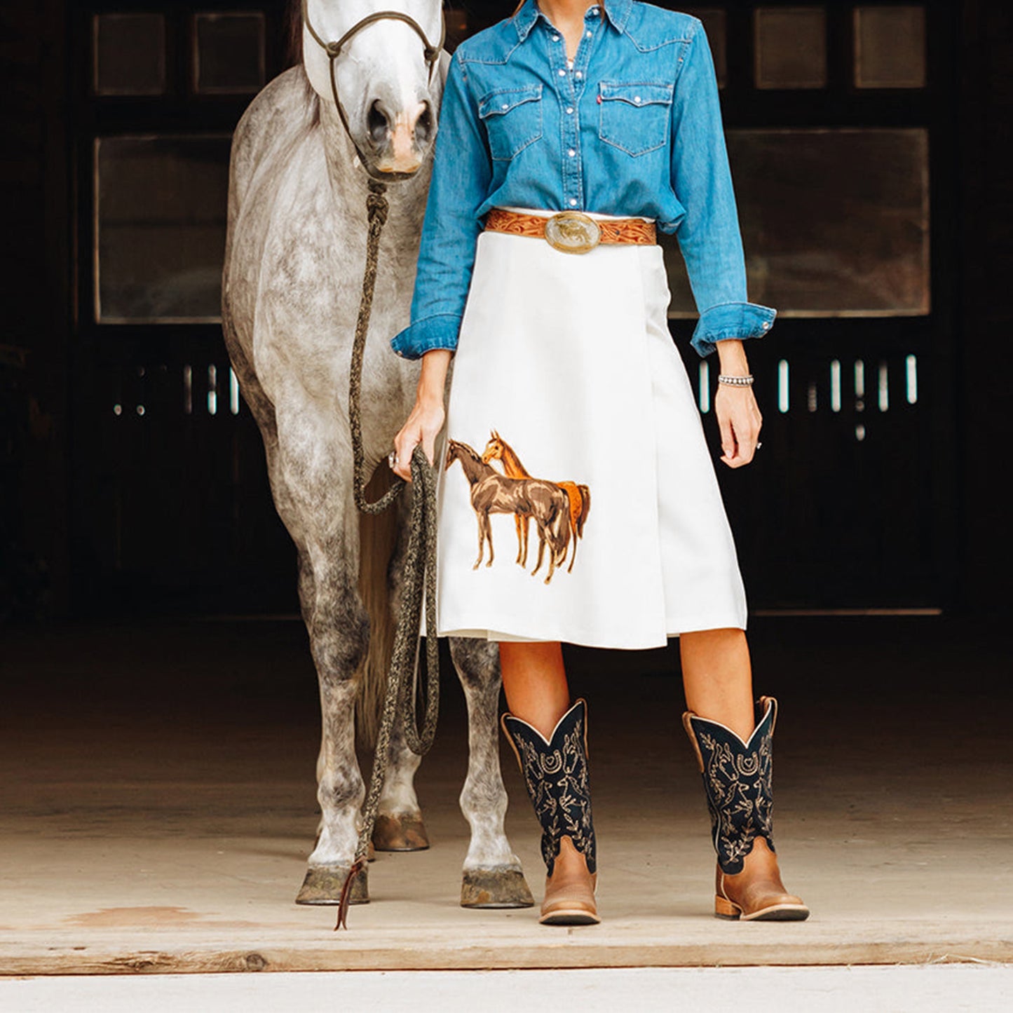 Contrast Navy And Brown Square-Toe Western Embroidery Mid Calf Cowgirl Boots