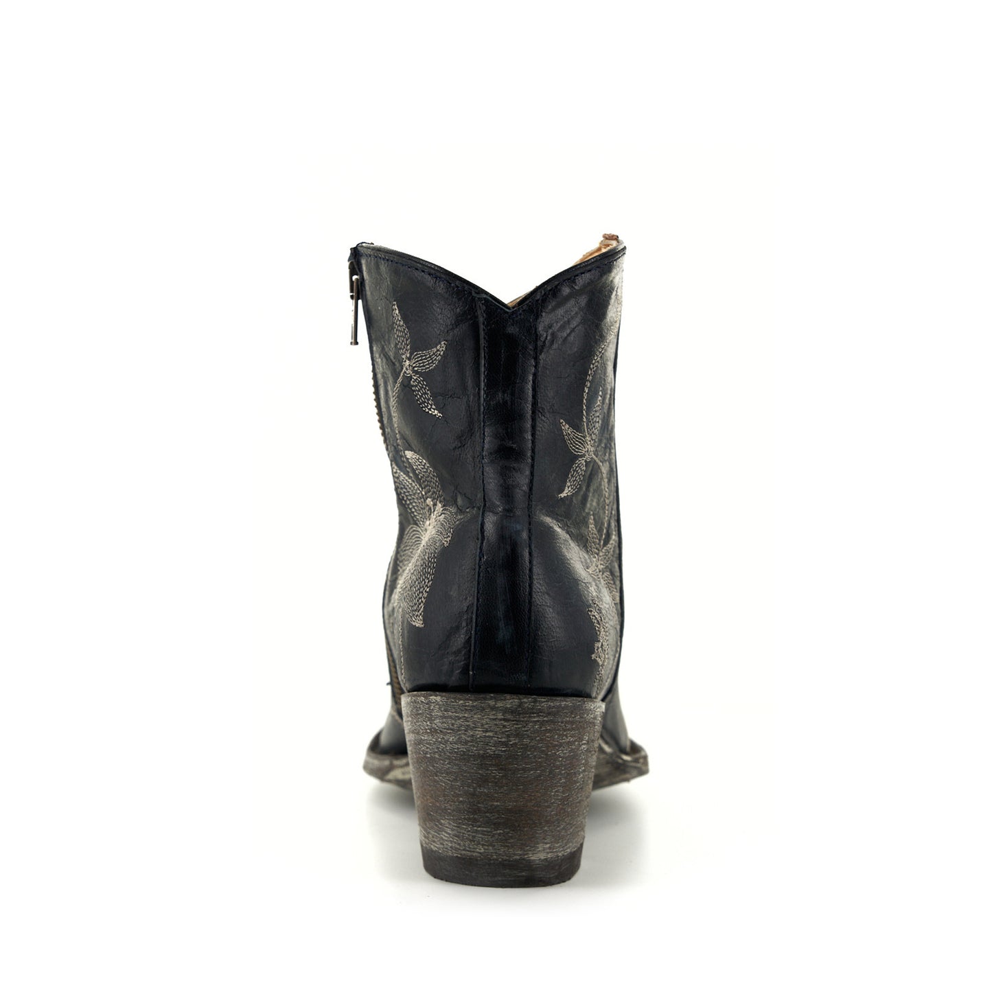 Navy Blue Round-Toe Floral Embroidery Full-Zip Ankle Cowgirl Boots