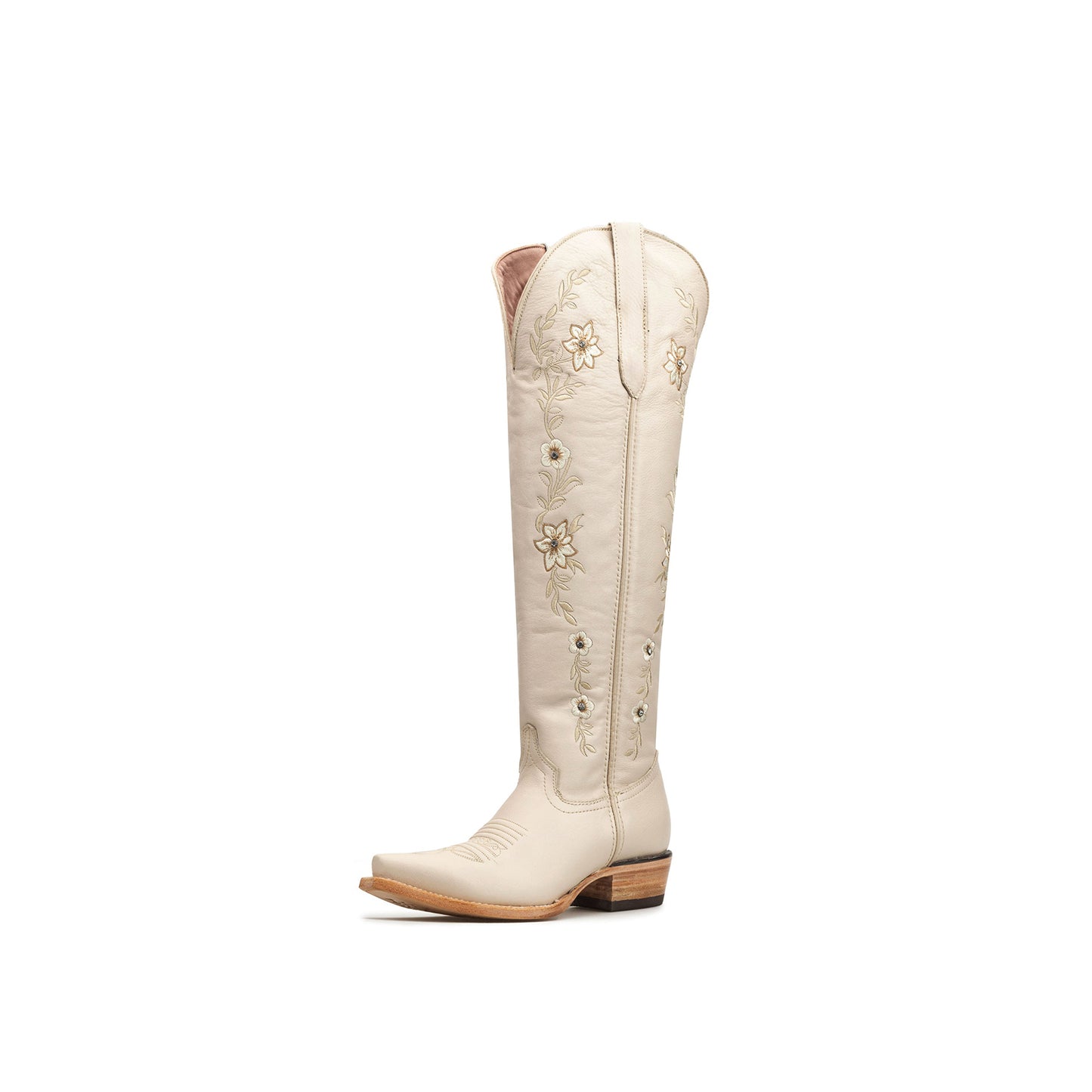 Cream Snip-Toe Flower Embroidery Rhinestone Half-Zip Knee High Cowgirl Boots