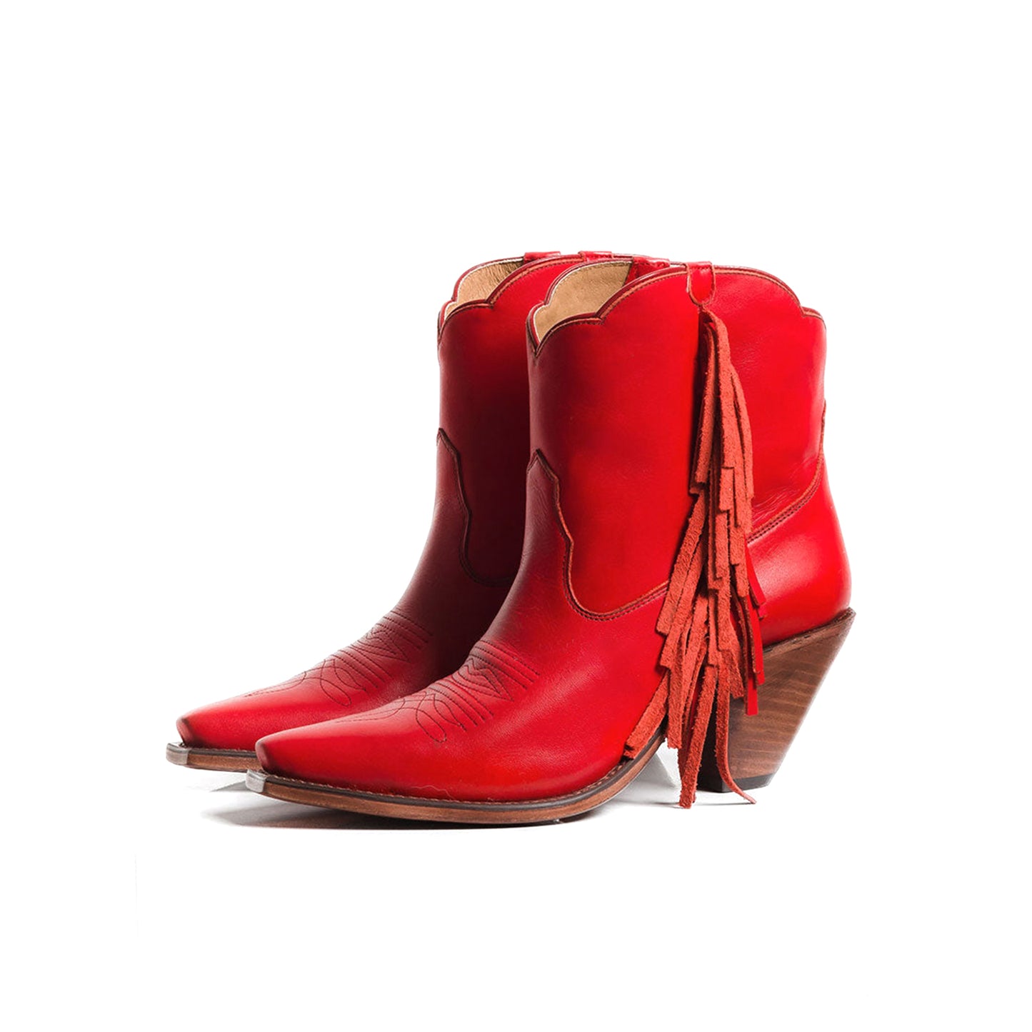 Red Snip-Toe Side Fringe Ankle Cowgirl Boots