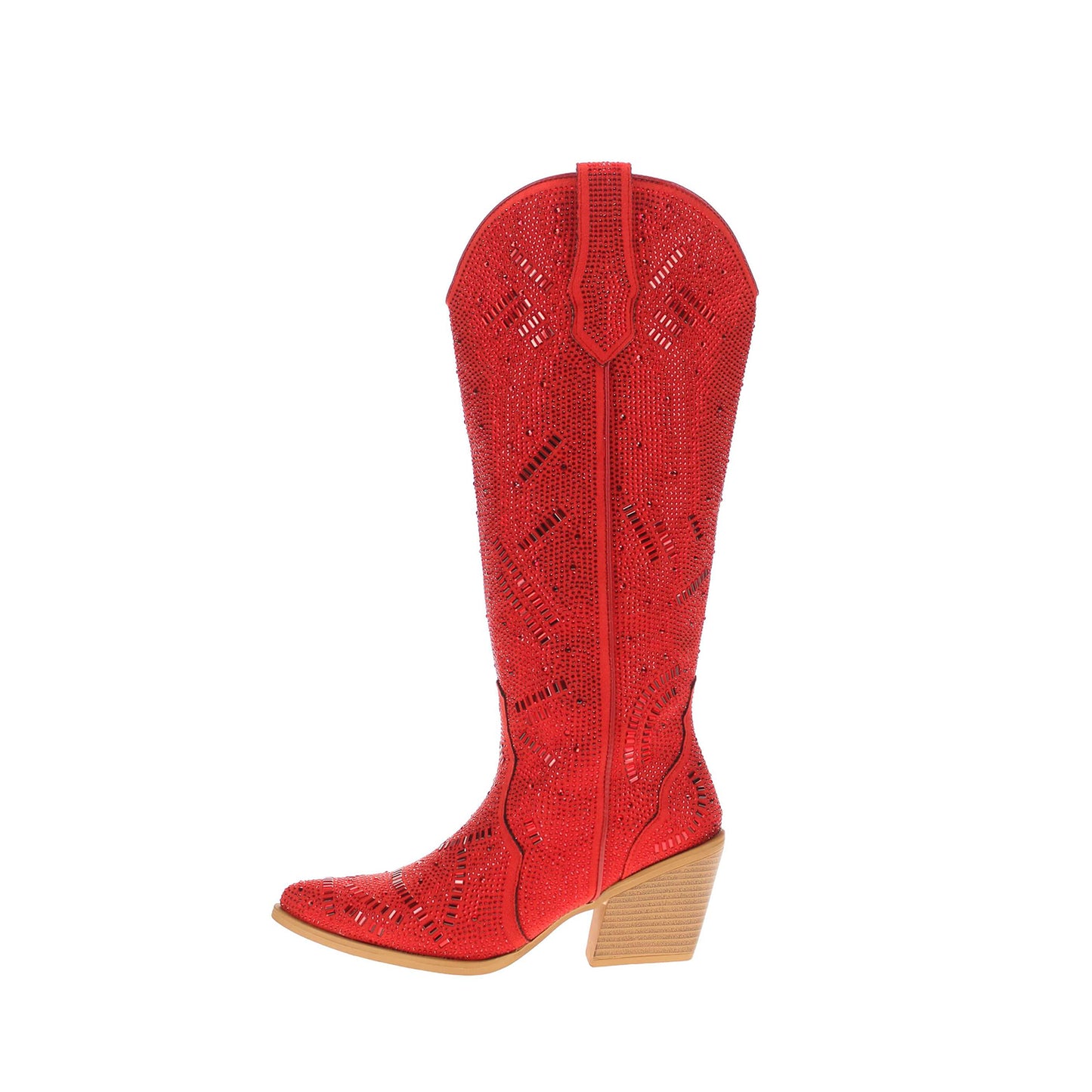 Red Faux Suede Pointed-Toe Full Crystals Wide Calf Knee High Cowgirl Boots