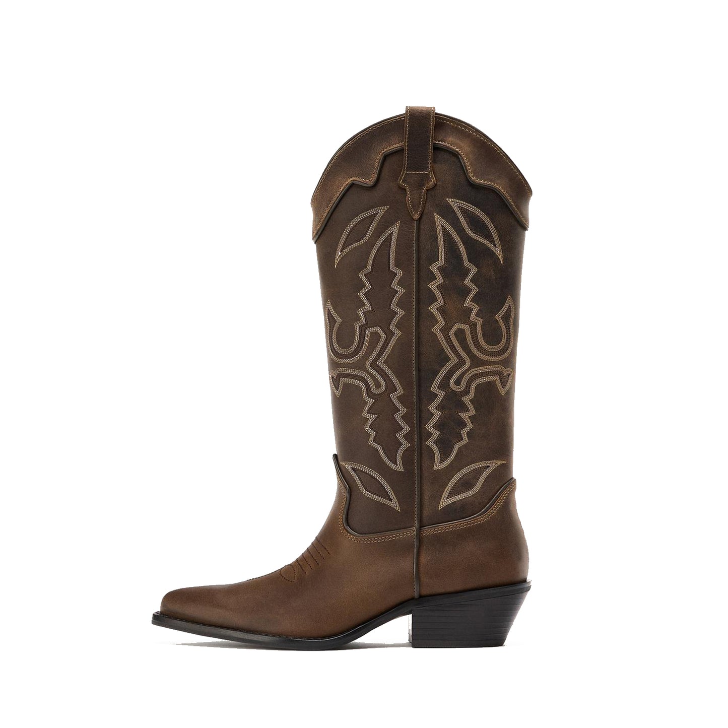 Brown Almond-Toe Stylish Embroidery Mid Calf Cowgirl Boots