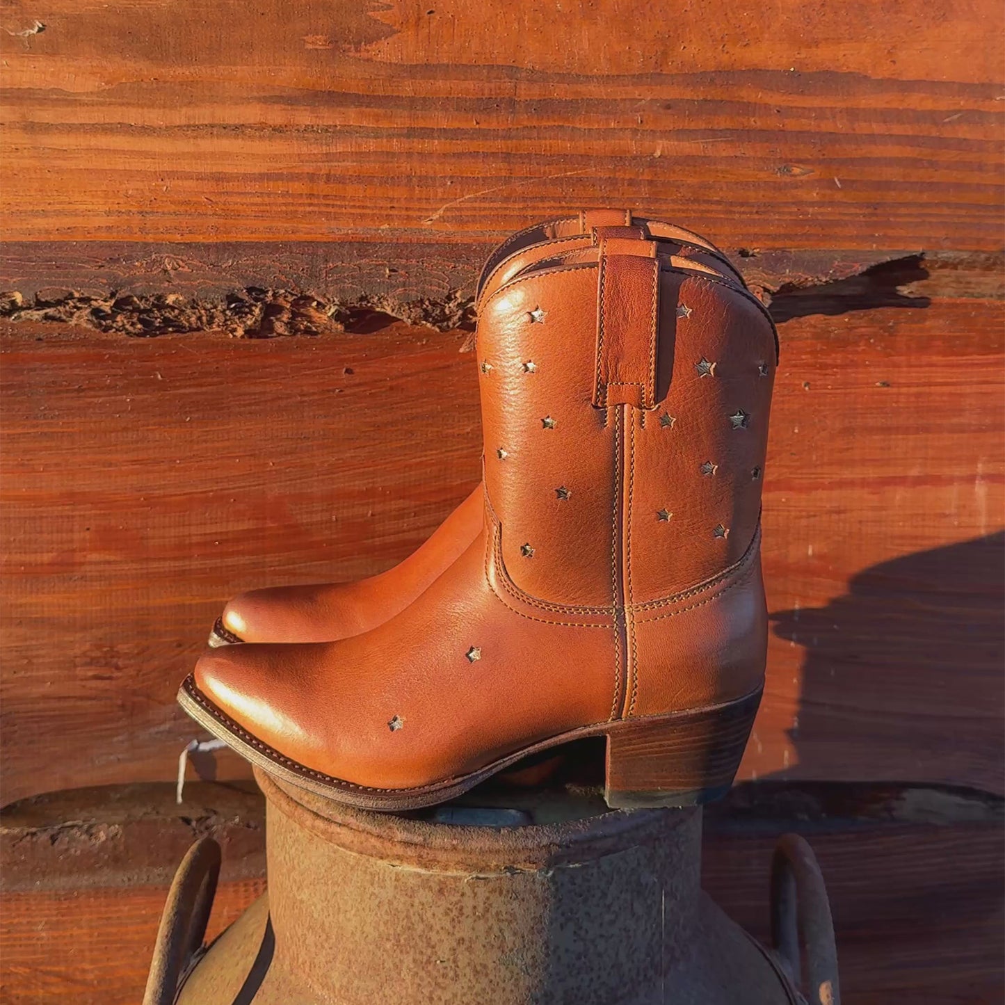 Cognac Snip-Toe Little Stars Inlays Ankle Cowgirl Boots