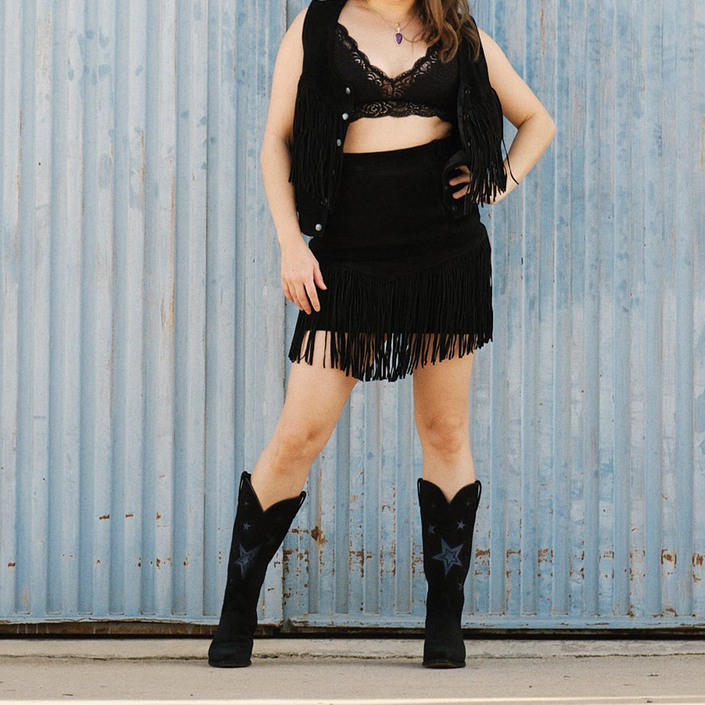 Black Faux Suede Snip-Toe Chic Stars Inlay Mid Calf Cowgirl Boots