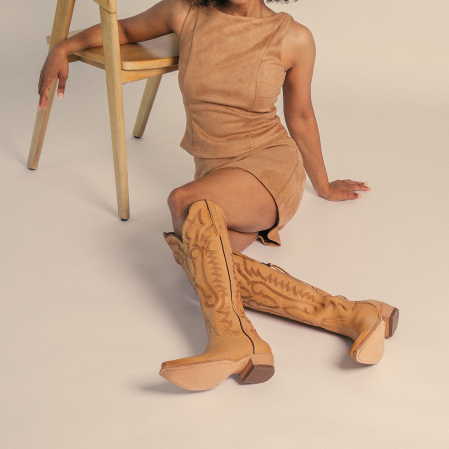 Tan Snip-Toe Grace Embroidery Half-Zip Knee High Cowgirl Boots