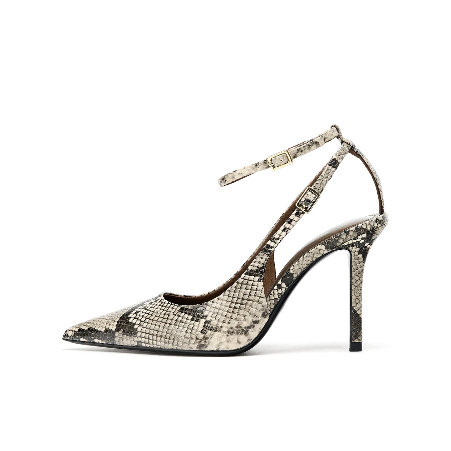 Snakeskin Pointed-Toe Ankle Strap Slingback High Heels