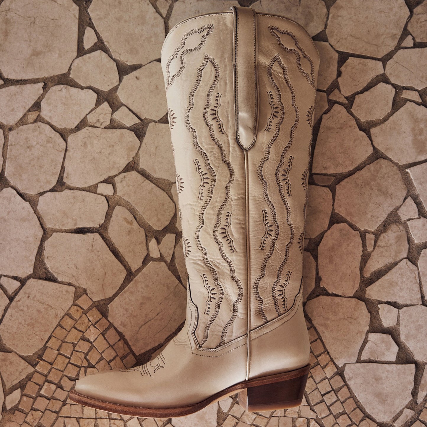 Ivory Round-Toe Classic Embroidery Wide Calf Knee High Tall Cowgirl Boots