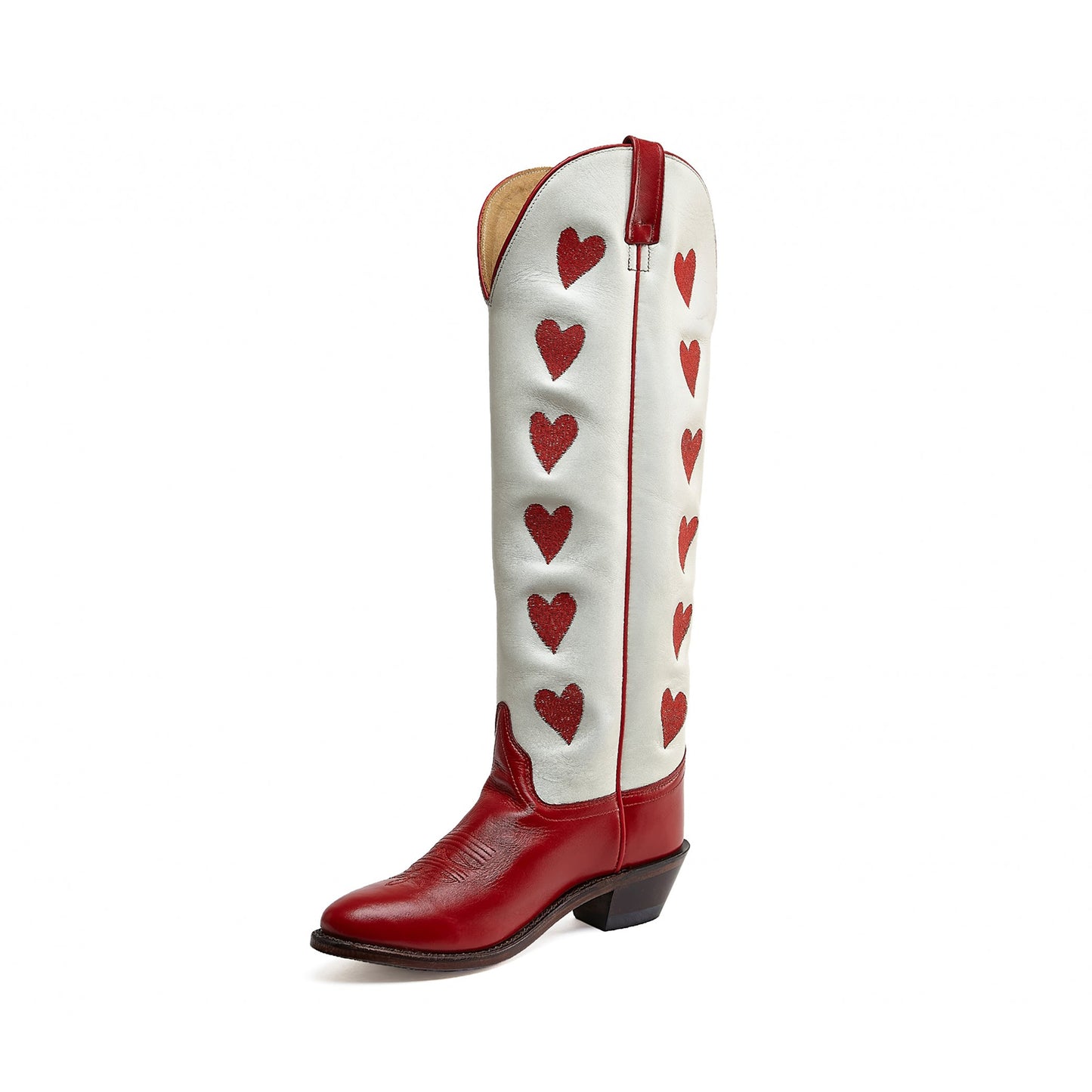 Contrast White And Red Almond-Toe Hearts Inlay Wide Calf Knee High Cowgirl Boots