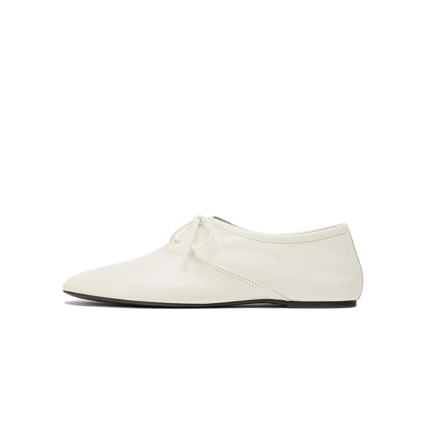 Off White Round-Toe Lace-Up Simple Flats