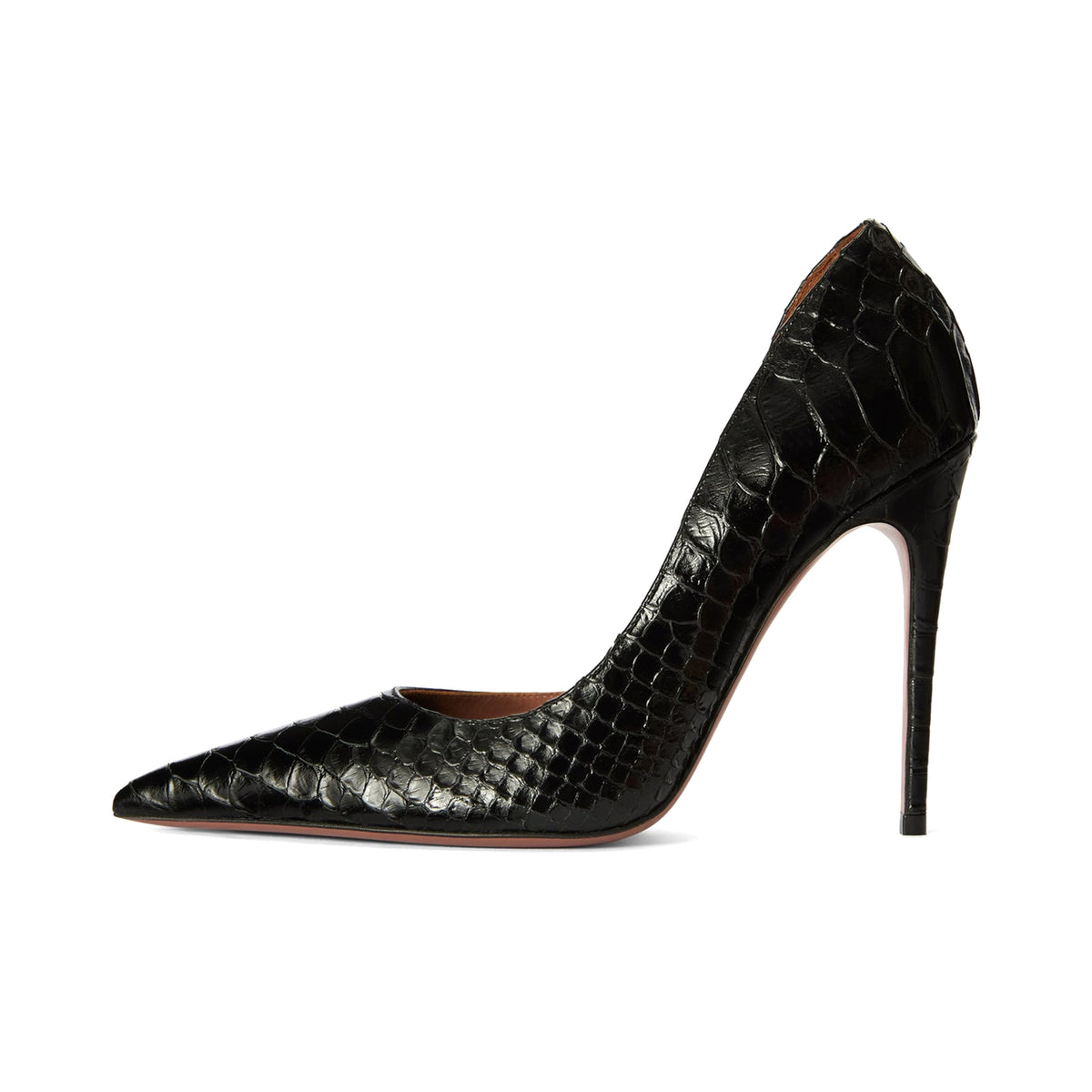 Black Snakeskin Pattern Vegan Leather Pointed-Toe Slip-On Pumps High Heels
