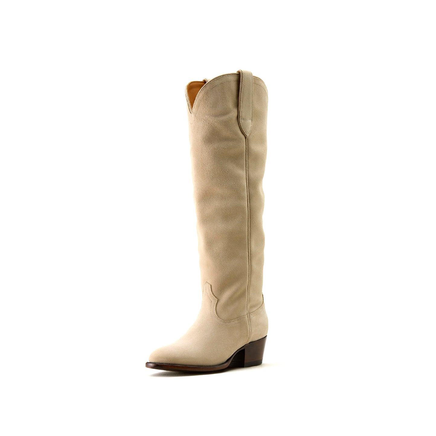 Beige Faux Suede Round-Toe Simple Wide Calf Knee High Cowgirl Boots