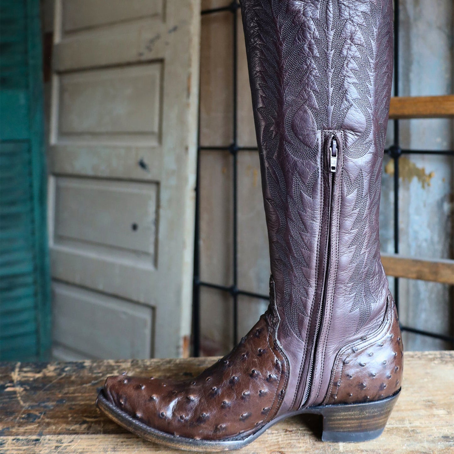 Chocolate Contrast Vegan Leather And Ostrich Print Snip-Toe Embroidery Half-Zip Knee High Cowgirl Boots