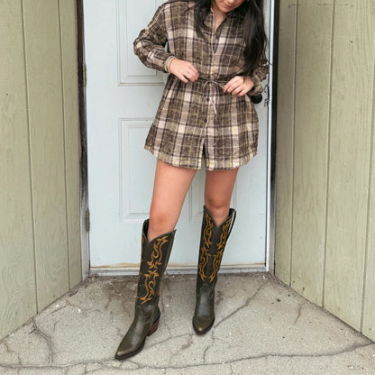Olive Green Pointed-Toe Embroidery Full-Zip Knee High Cowgirl Boots