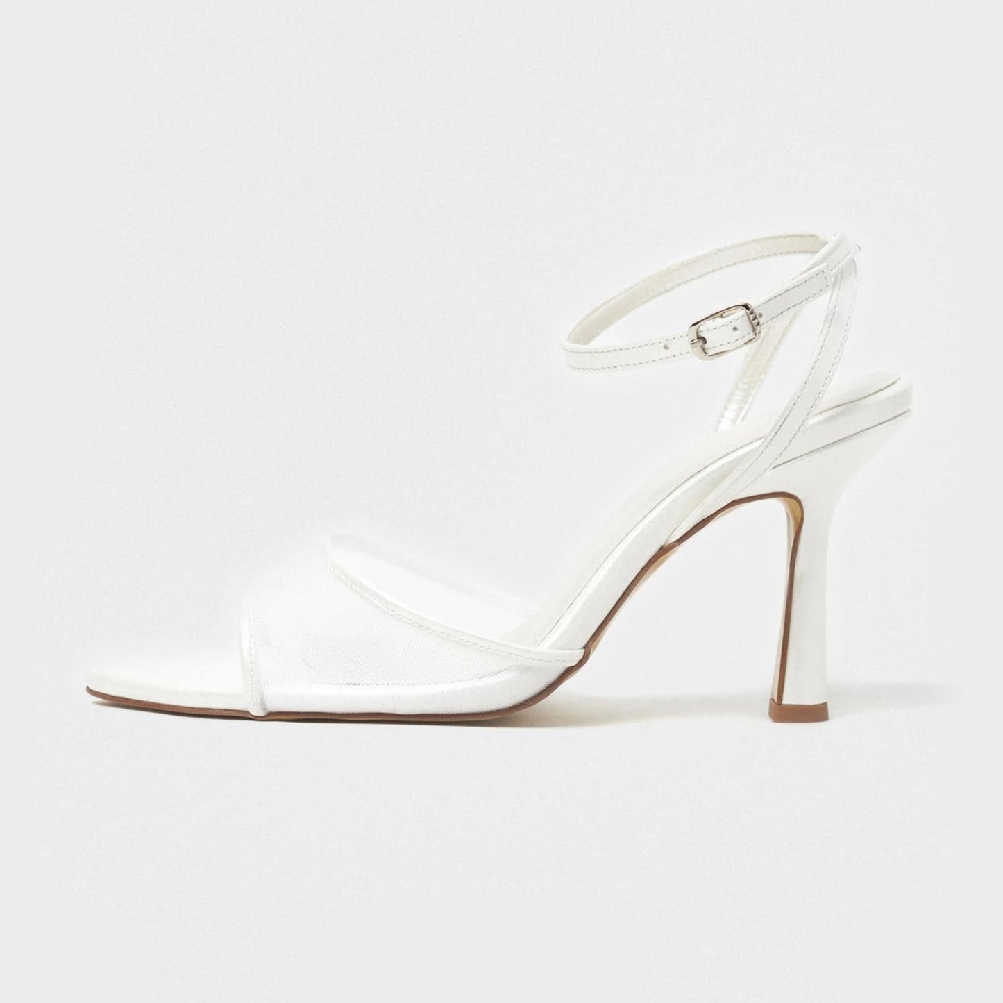 White Mesh And Satin Pointed-Toe Slingback Ankle Strap Pumps High Heels