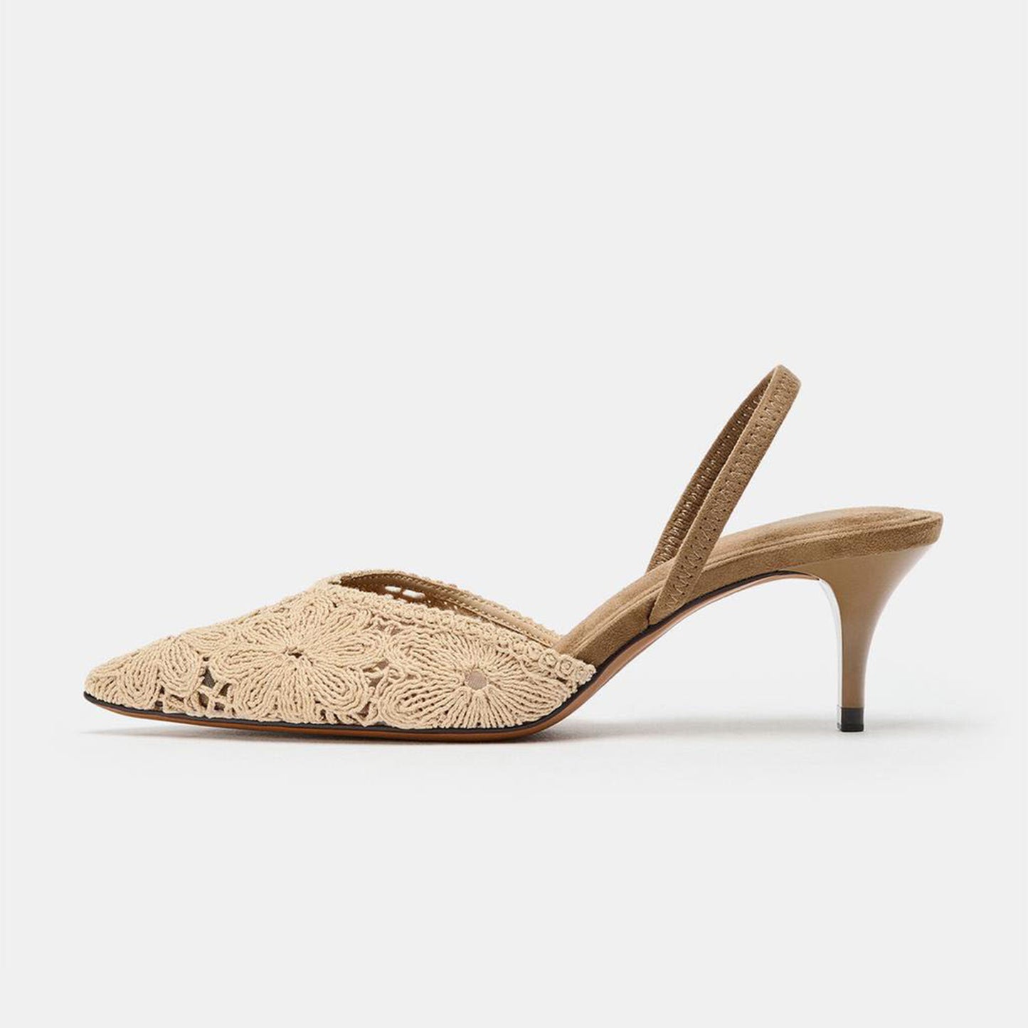 Beige Wool Weaving Pointed-Toe Flowers Pattern Slingback Kitten Heels