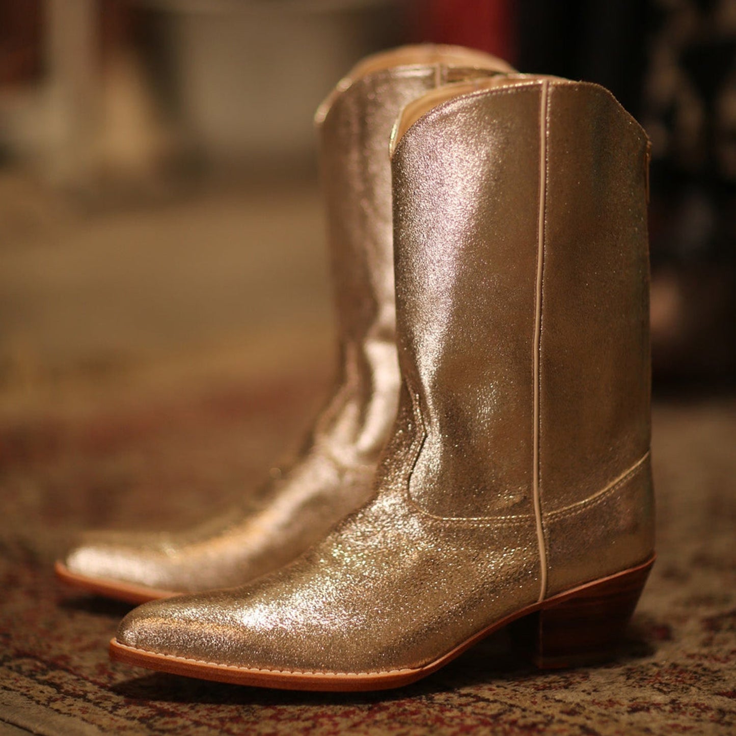 Metallic Gold Almond-Toe Simple Back Full-Zip Mid Calf Cowgirl Boots