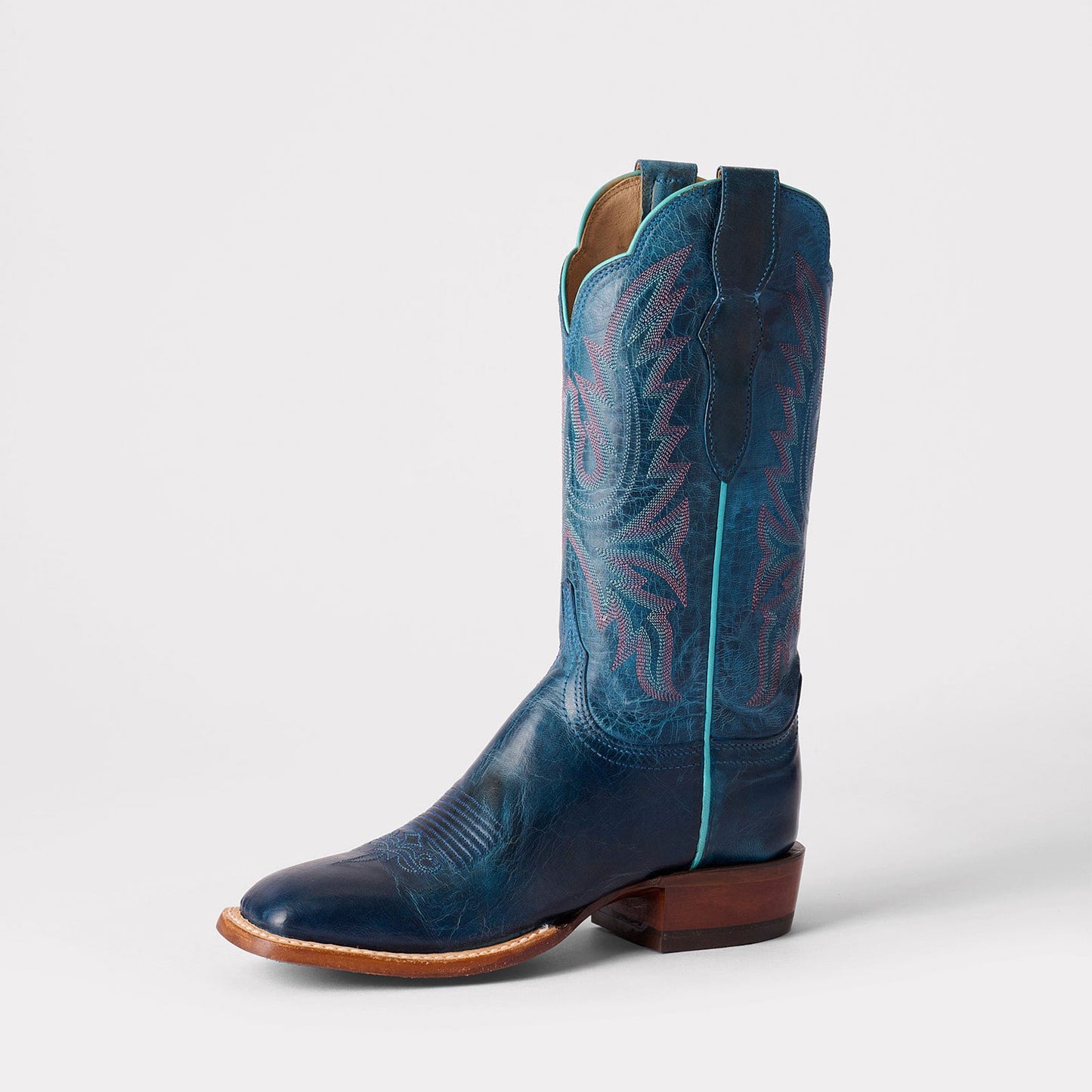 Dark Blue Square-Toe Delicate Embroidery Classic Mid Calf Cowgirl Boots