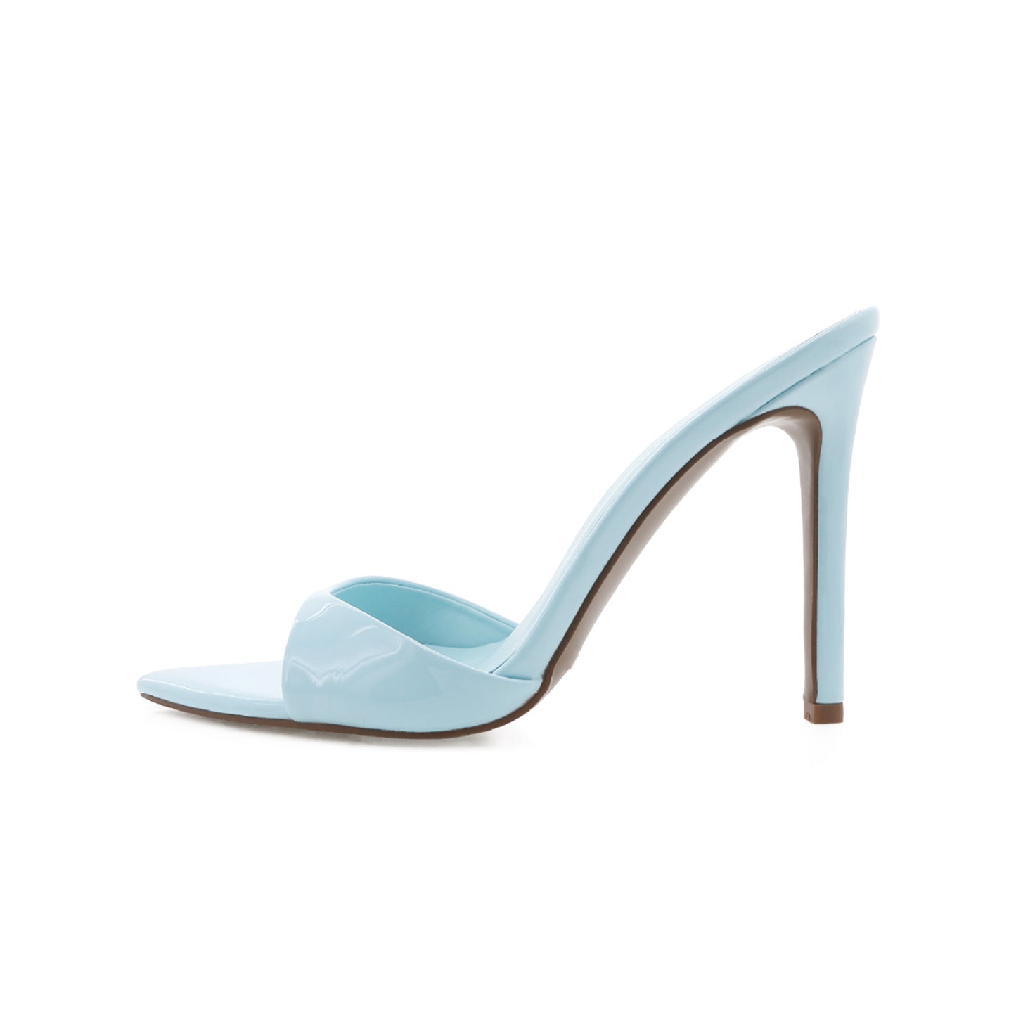 Patent Blue Open Pointed-Toe Backless High Heels Pumps